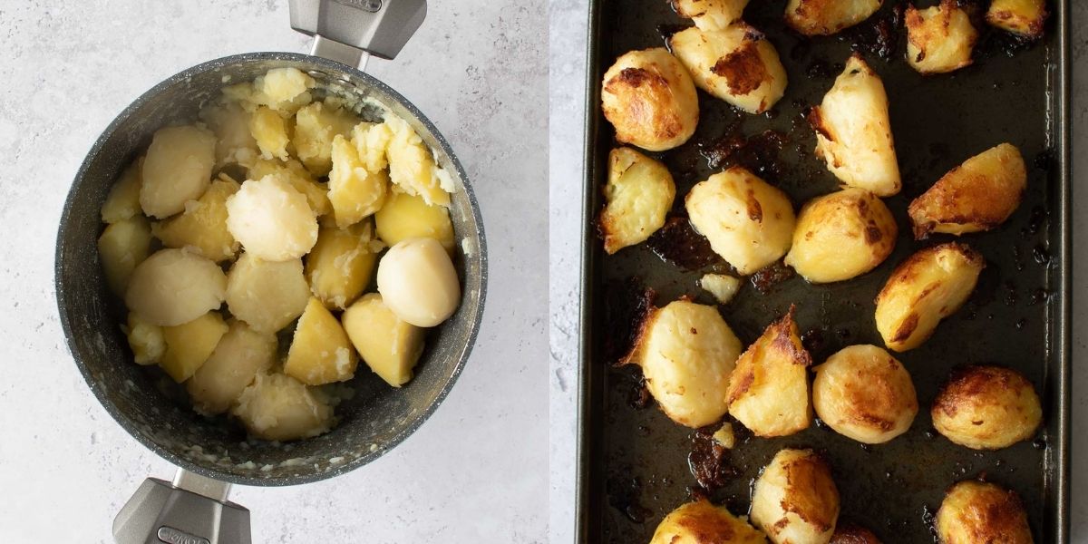 Step by step images showing how to make perfect crispy roast potatoes.