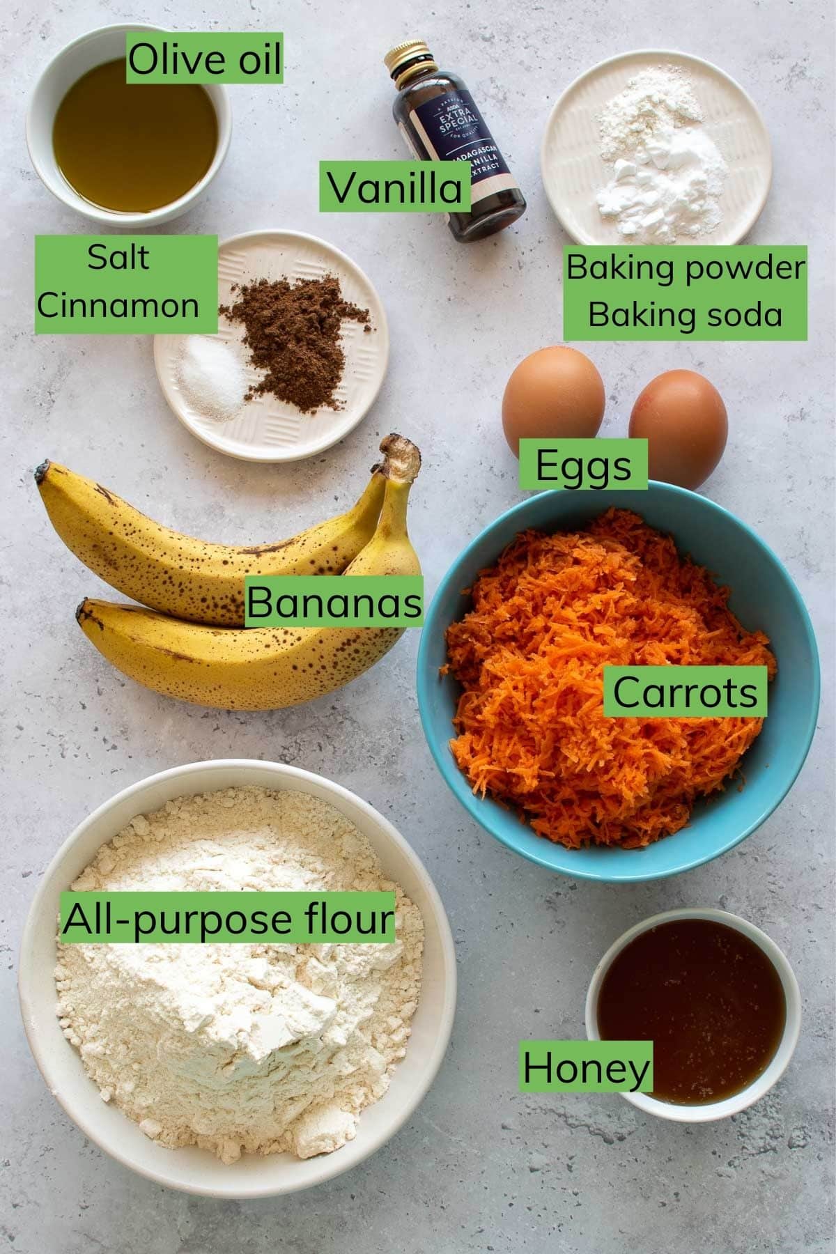 Banana and shredded carrot muffin ingredients.