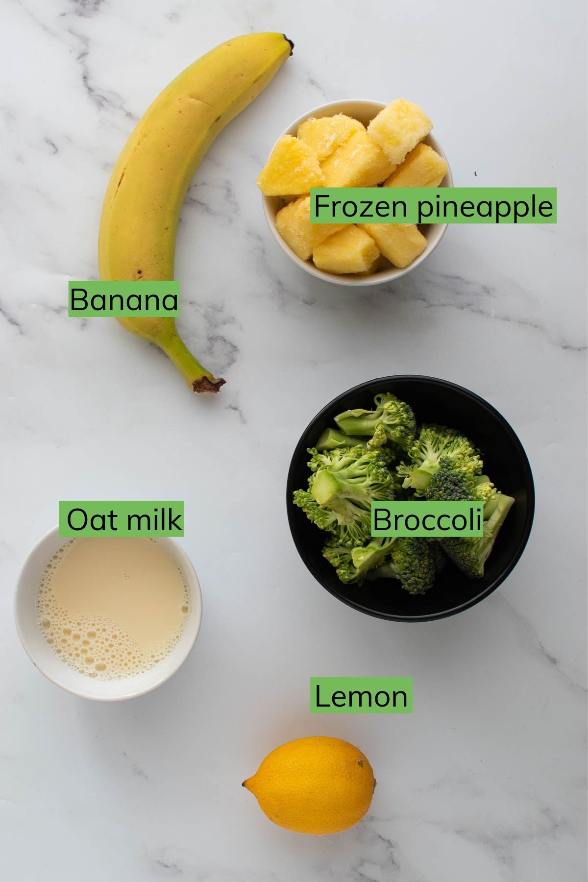 Ingredients to make smoothie with broccoli and pineapple.