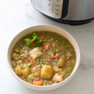 Close up of a bowl of chicken and vegetable stew.