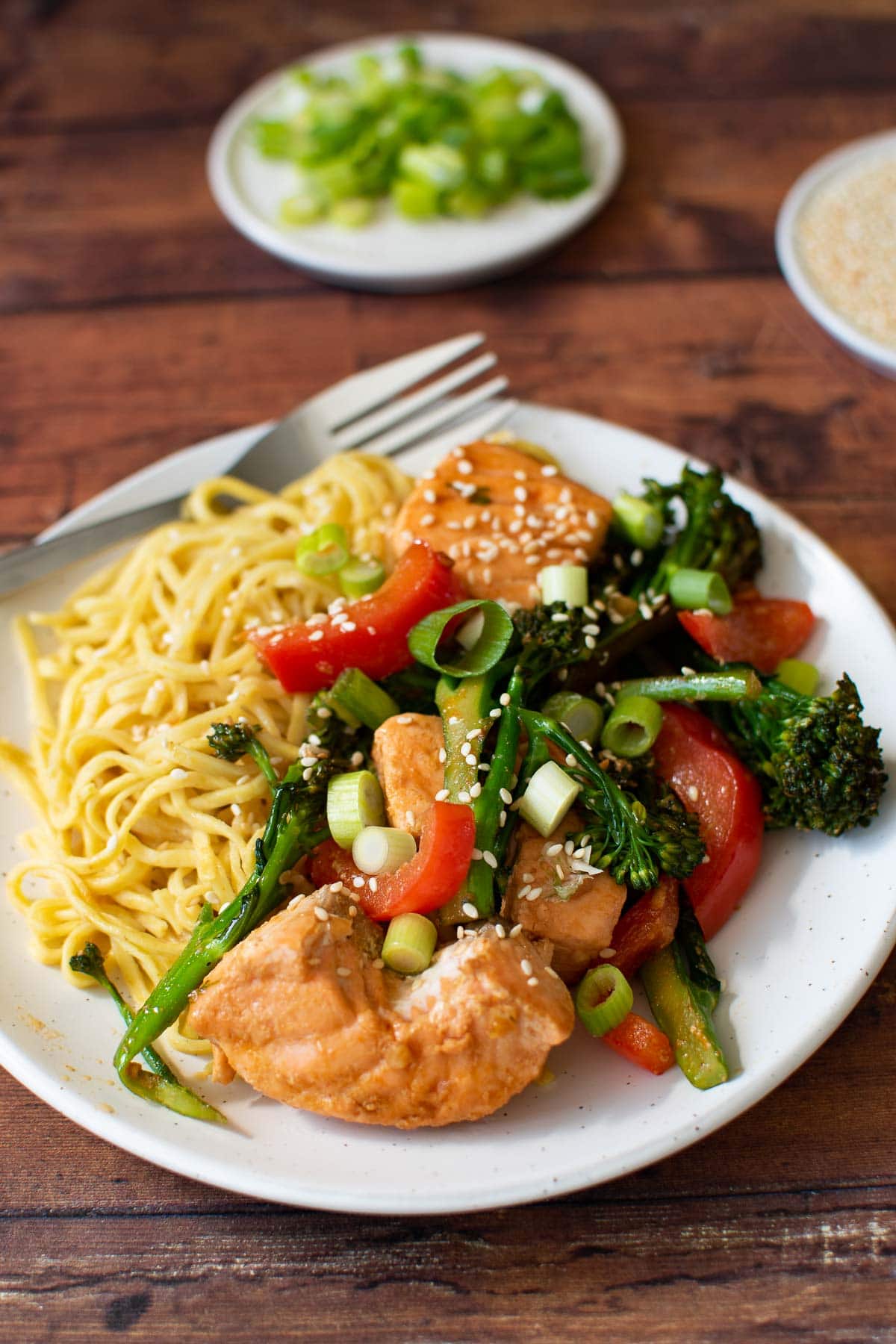 Stir fried salmon, broccolini and red bell pepper.