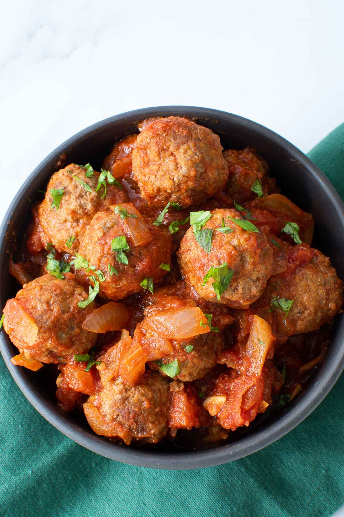 Close up of Spanish albondigas tapas.