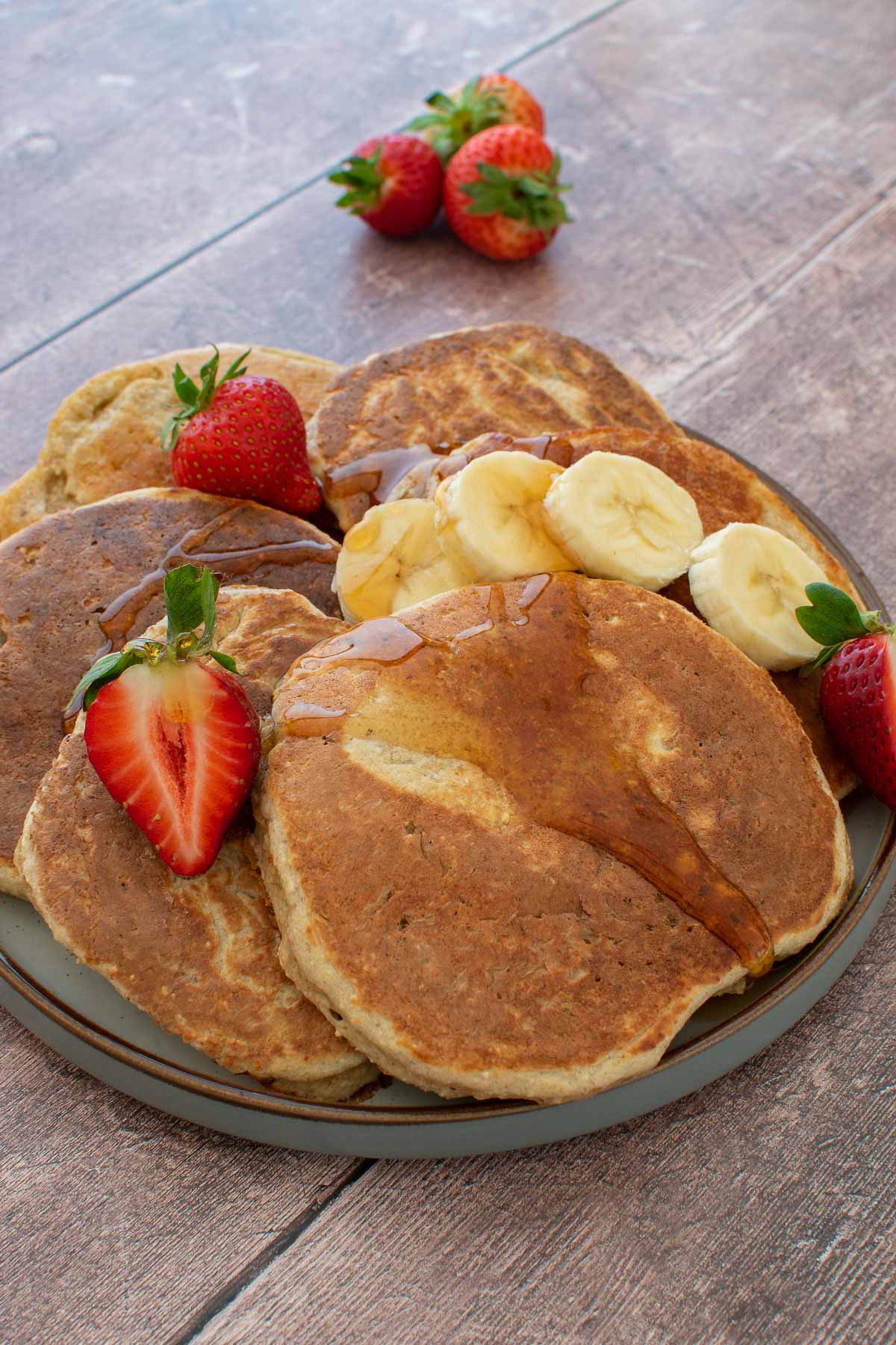 Protein pancakes with maple syrup on top.