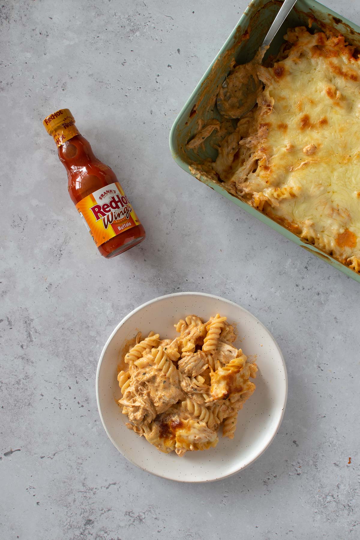 A plate of Buffalo chicken pasta bake.