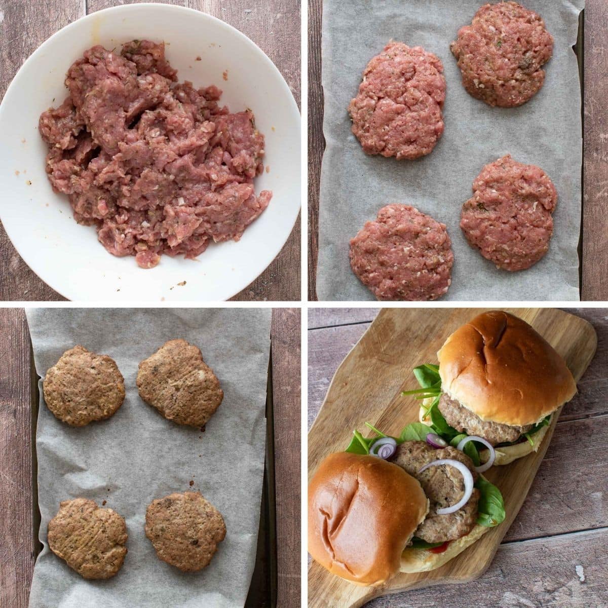 Step by step images showing how to make turkey burgers in the oven.