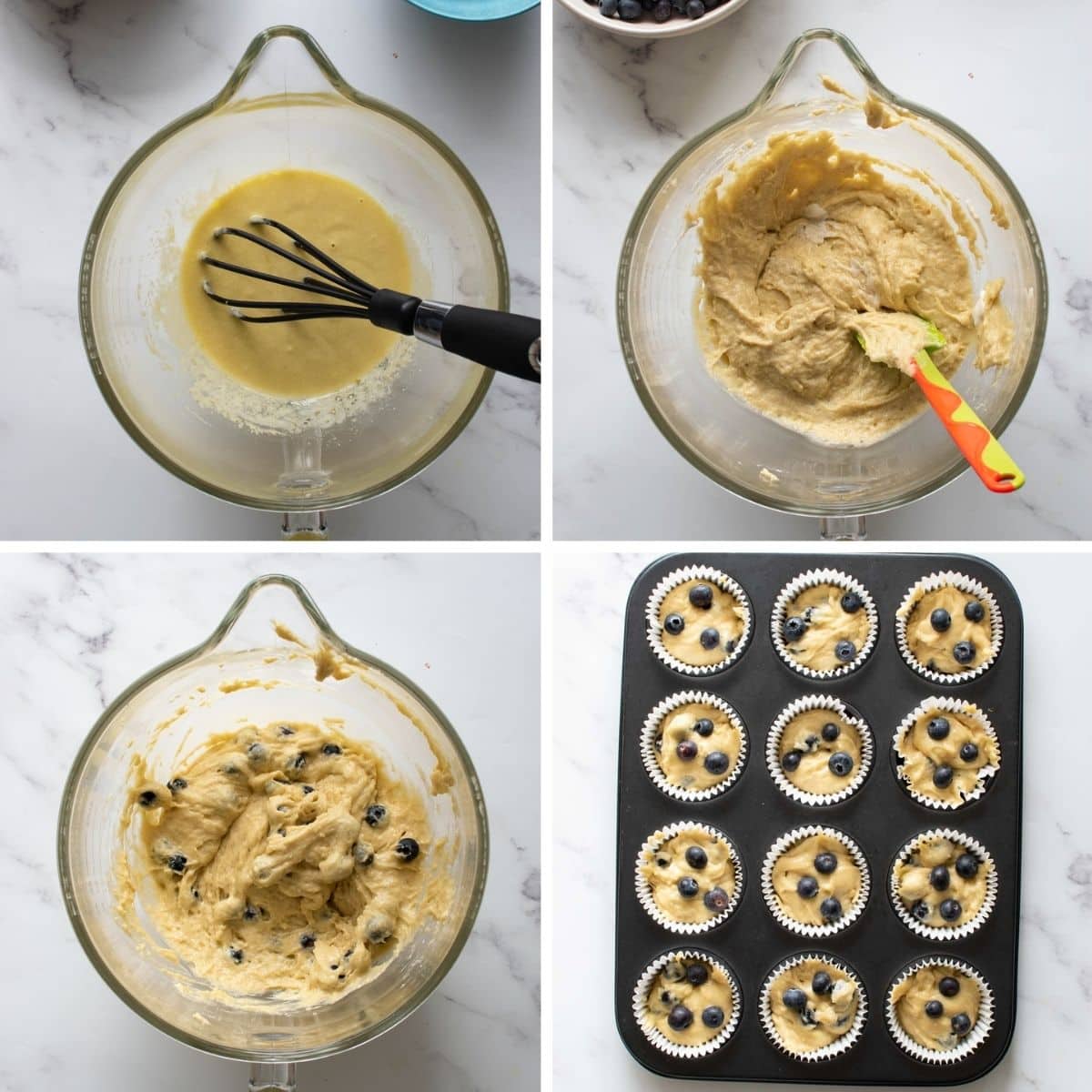 Step by step images showing how to make blueberry protein muffins.