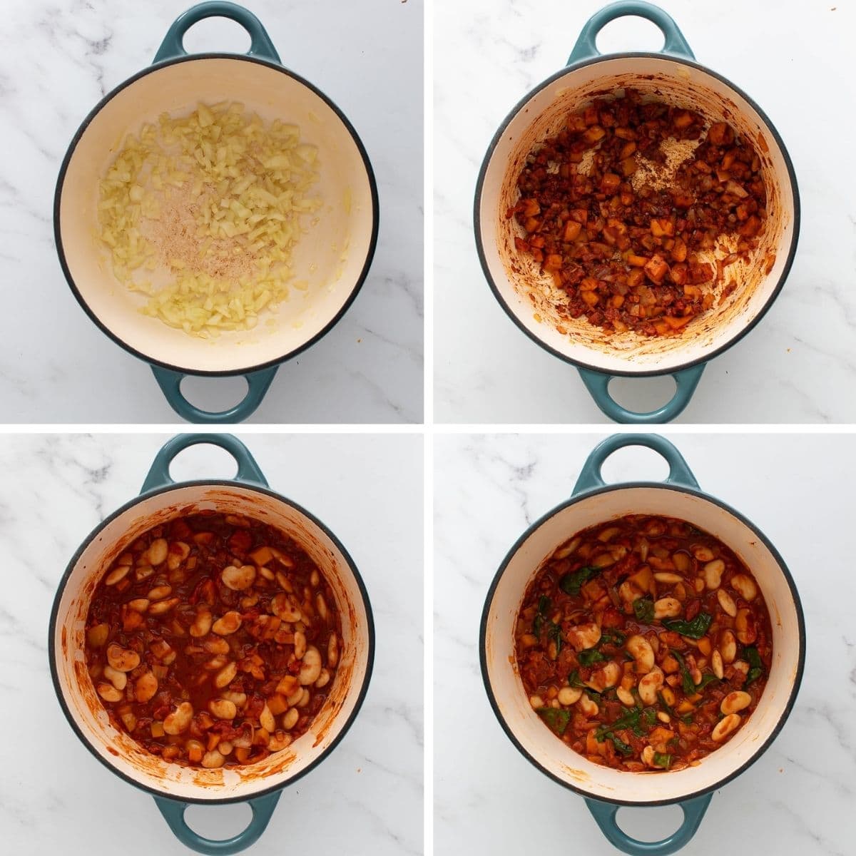 Step by step images showing how to make butter bean and chorizo stew.