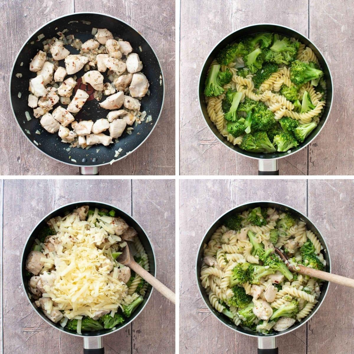 Step by step images showing how to make chicken broccoli pasta.