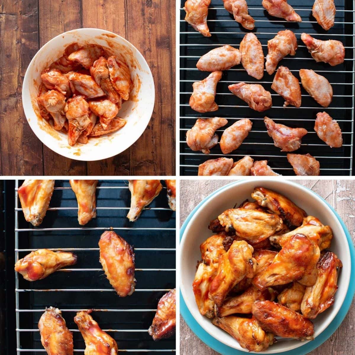 Step by step images showing how to make baked wings with sriracha.