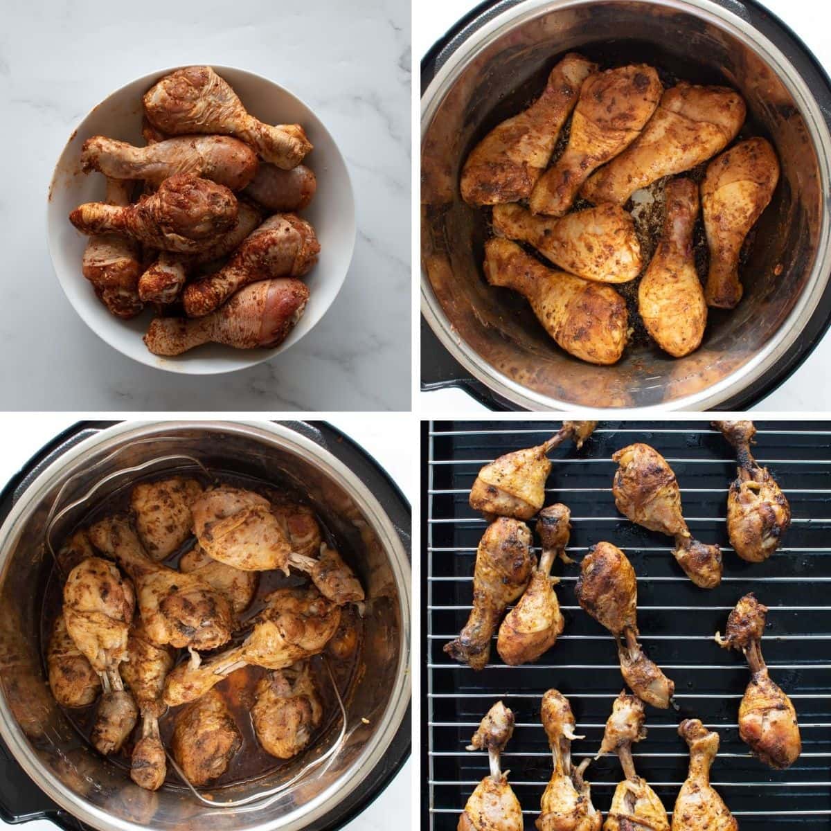 Step by step images showing how to cook chicken drumsticks in an Instant Pot.