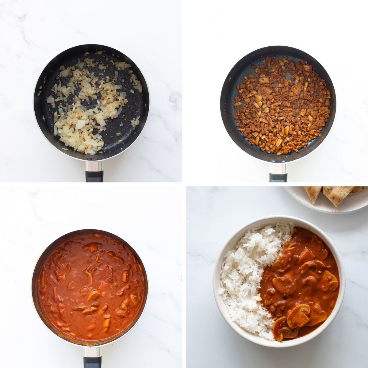 Step by step images showing how to make Indian mushroom curry.