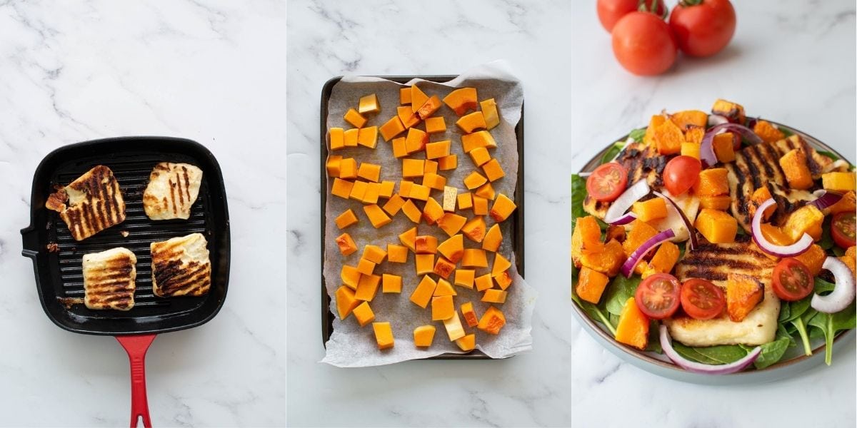 Step by step images showing how to make halloumi butternut squash salad.