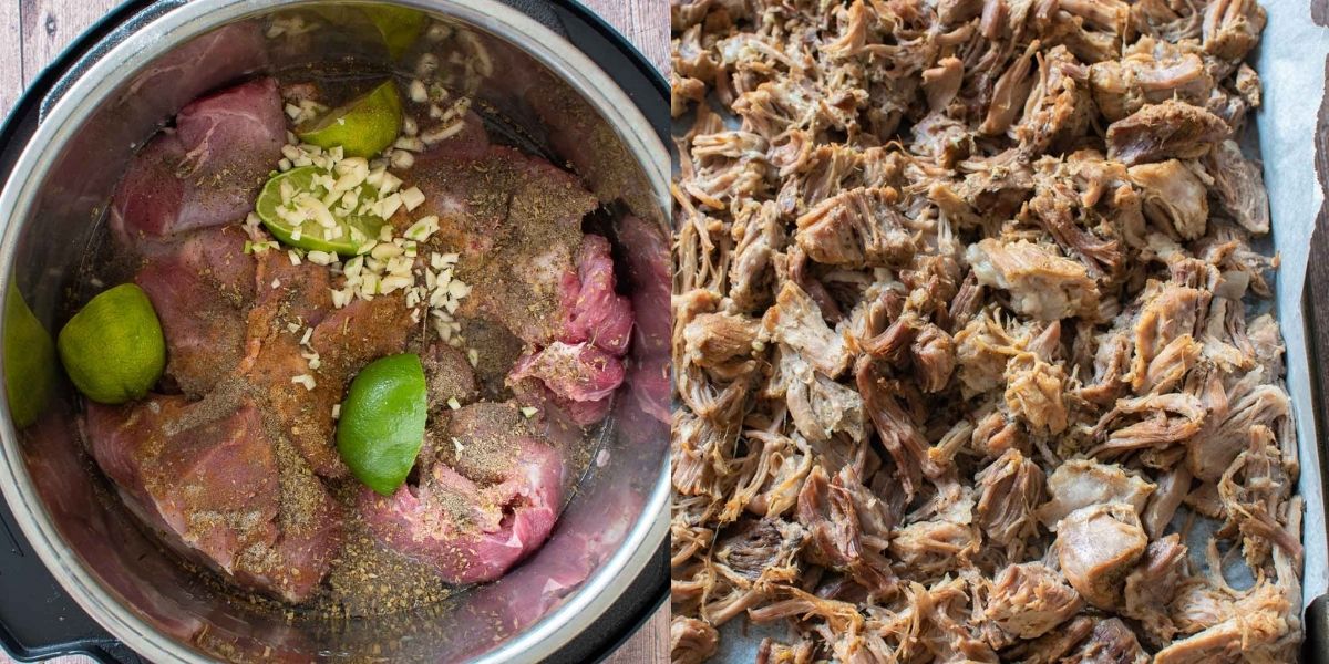 Step by step images showing how to make pork carnitas in the Instant Pot.