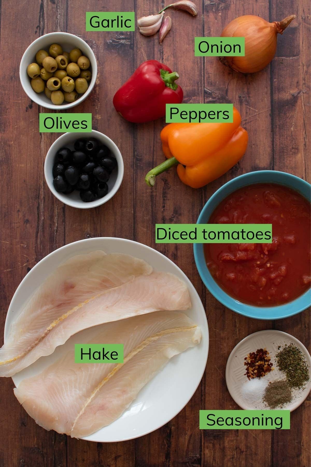 Ingredients to make baked hake.