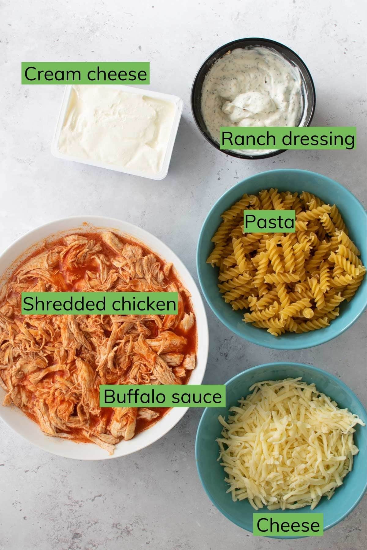 Ingredients for Buffalo chicken pasta bake.