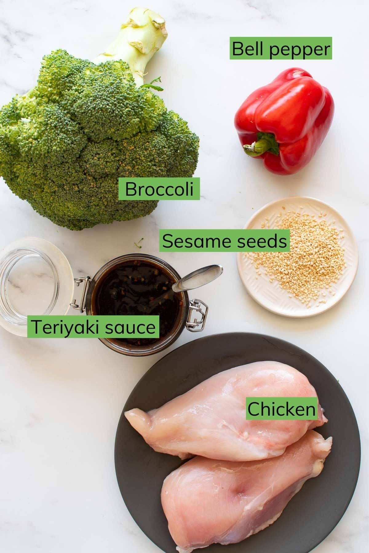 Ingredients to make teriyaki chicken stir fry.