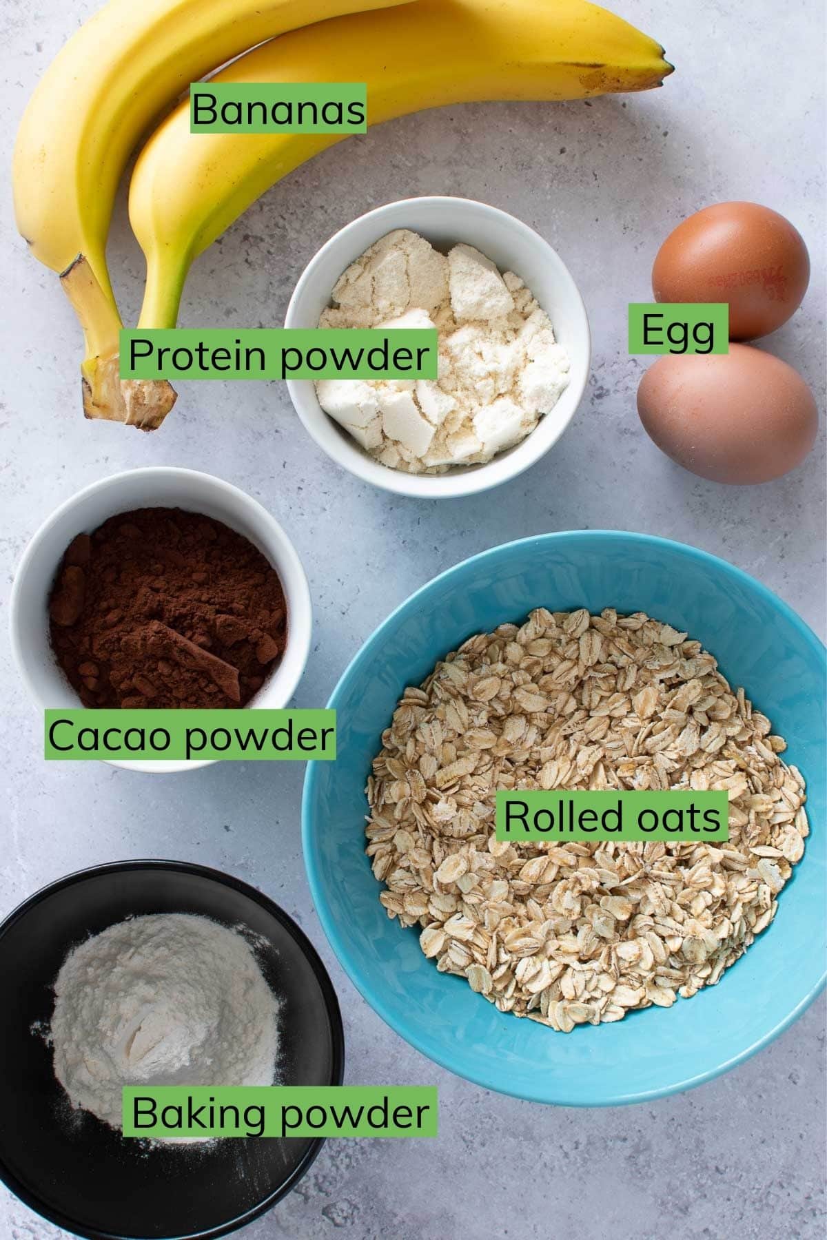 Ingredients for chocolate protein pancakes.