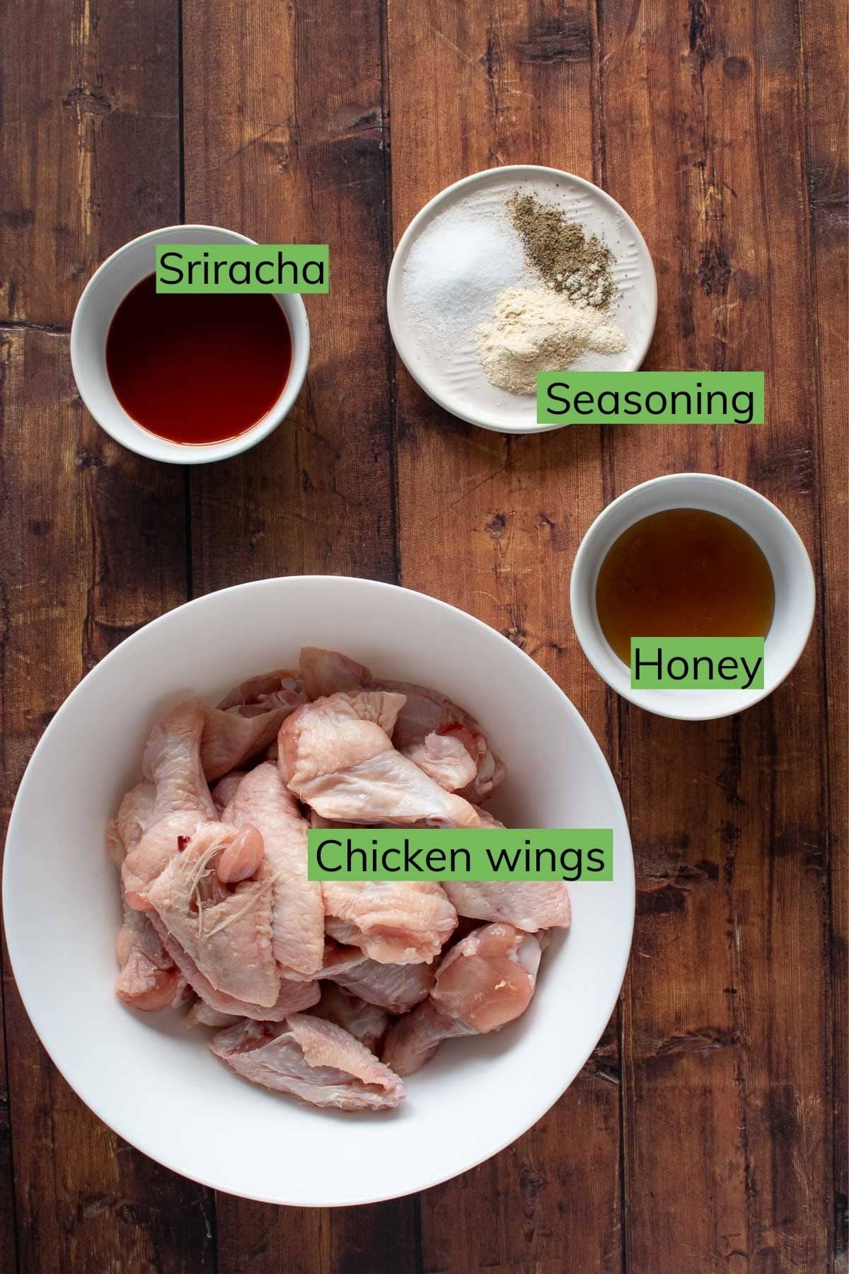 Ingredients to make honey sriracha chicken wings.