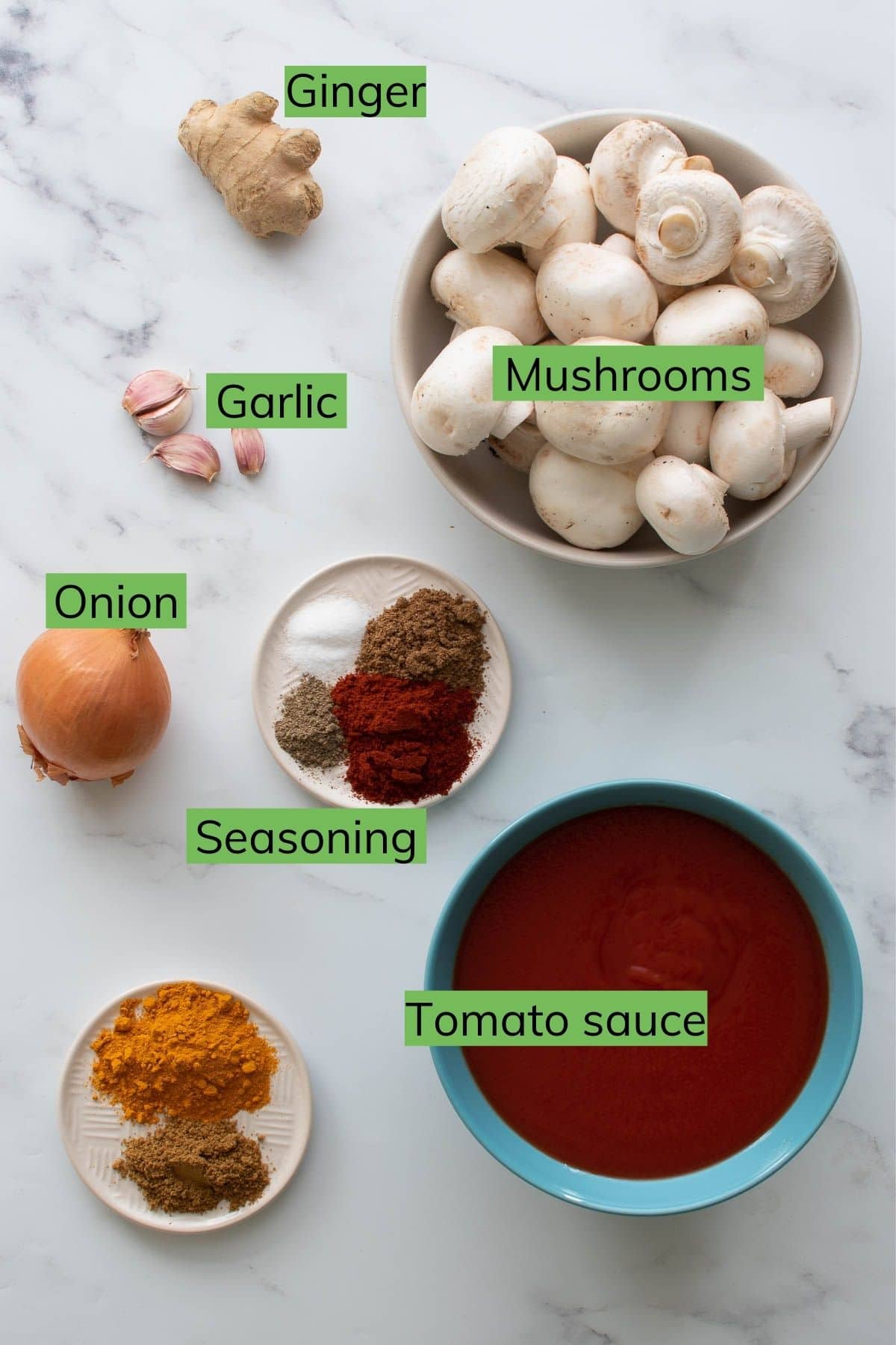 Ingredients to make curry with mushrooms.