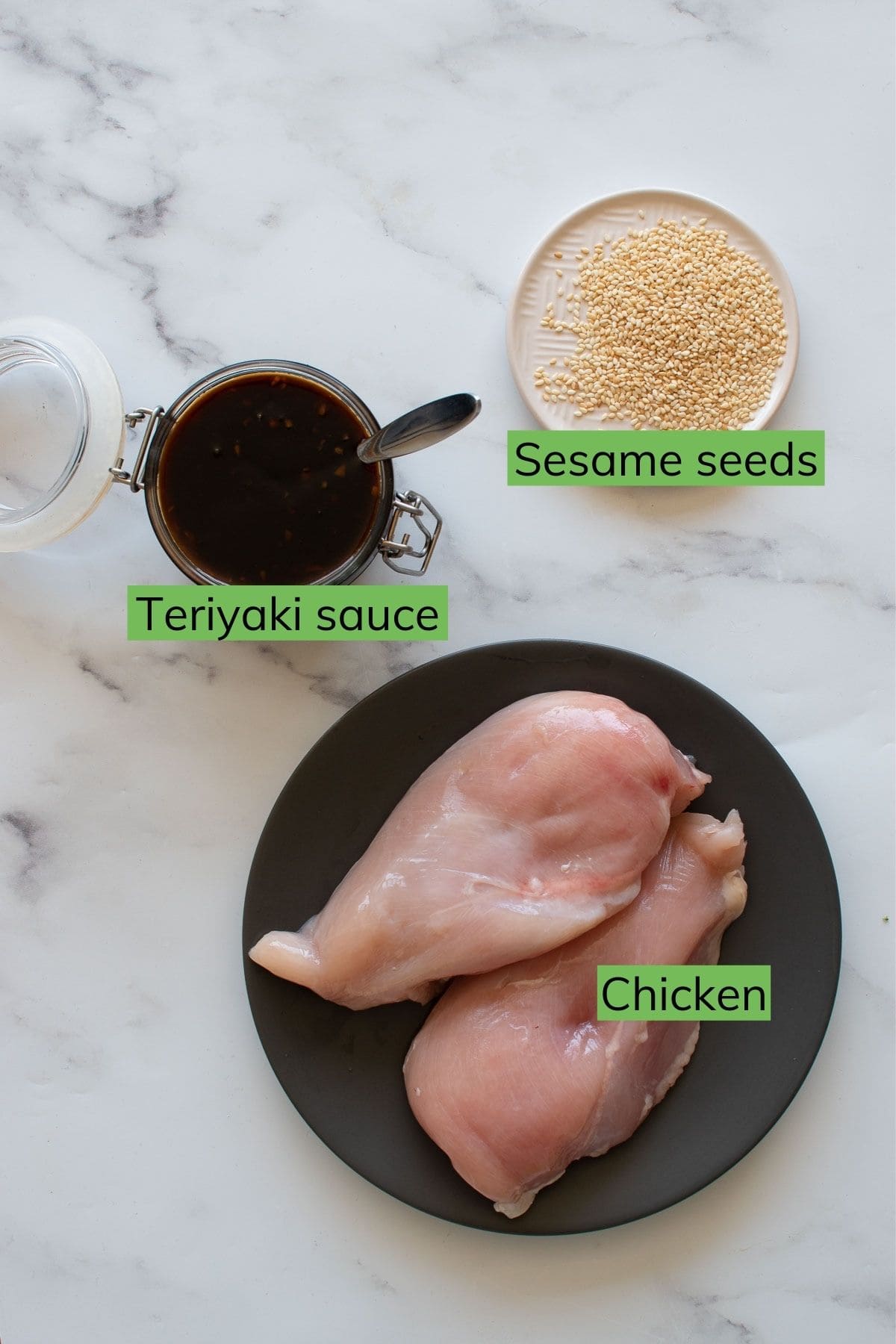 Ingredients for teriyaki chicken skewers.