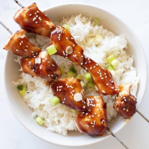 Teriyaki chicken skewers.