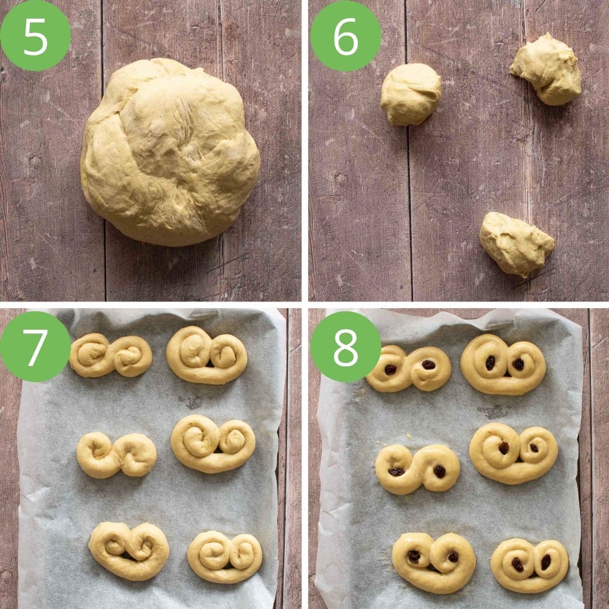 Step by step images showing how to roll out lussekatter.