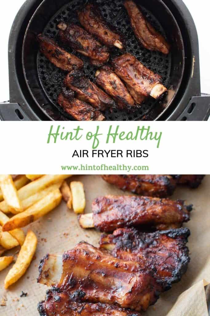 Cooked ribs in an air fryer and on a plate.