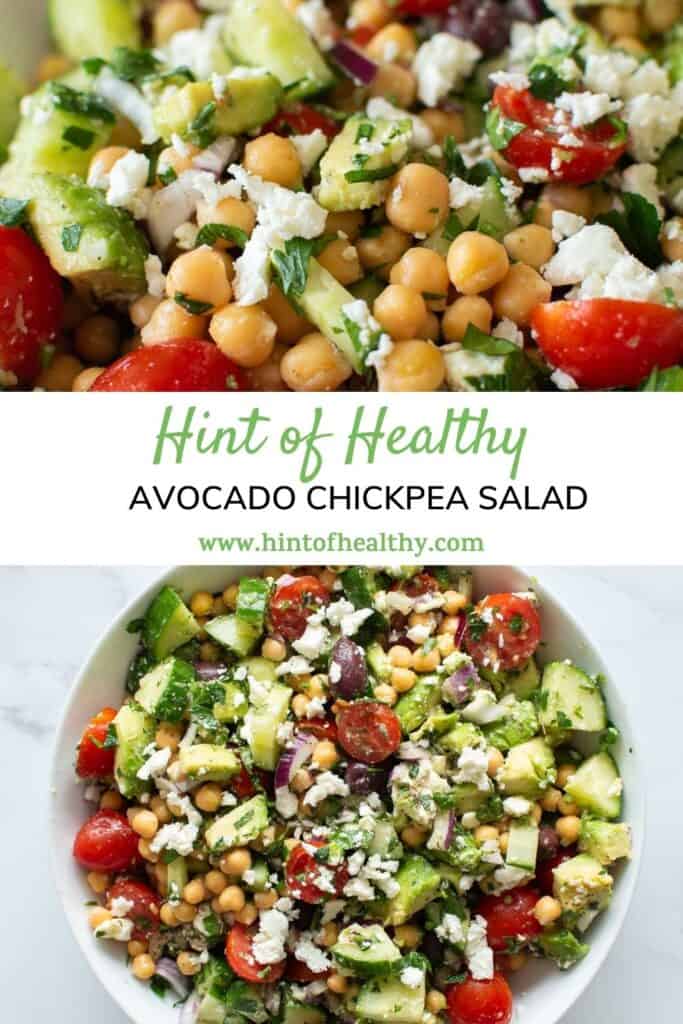 A bowl of avocado chickpea salad.