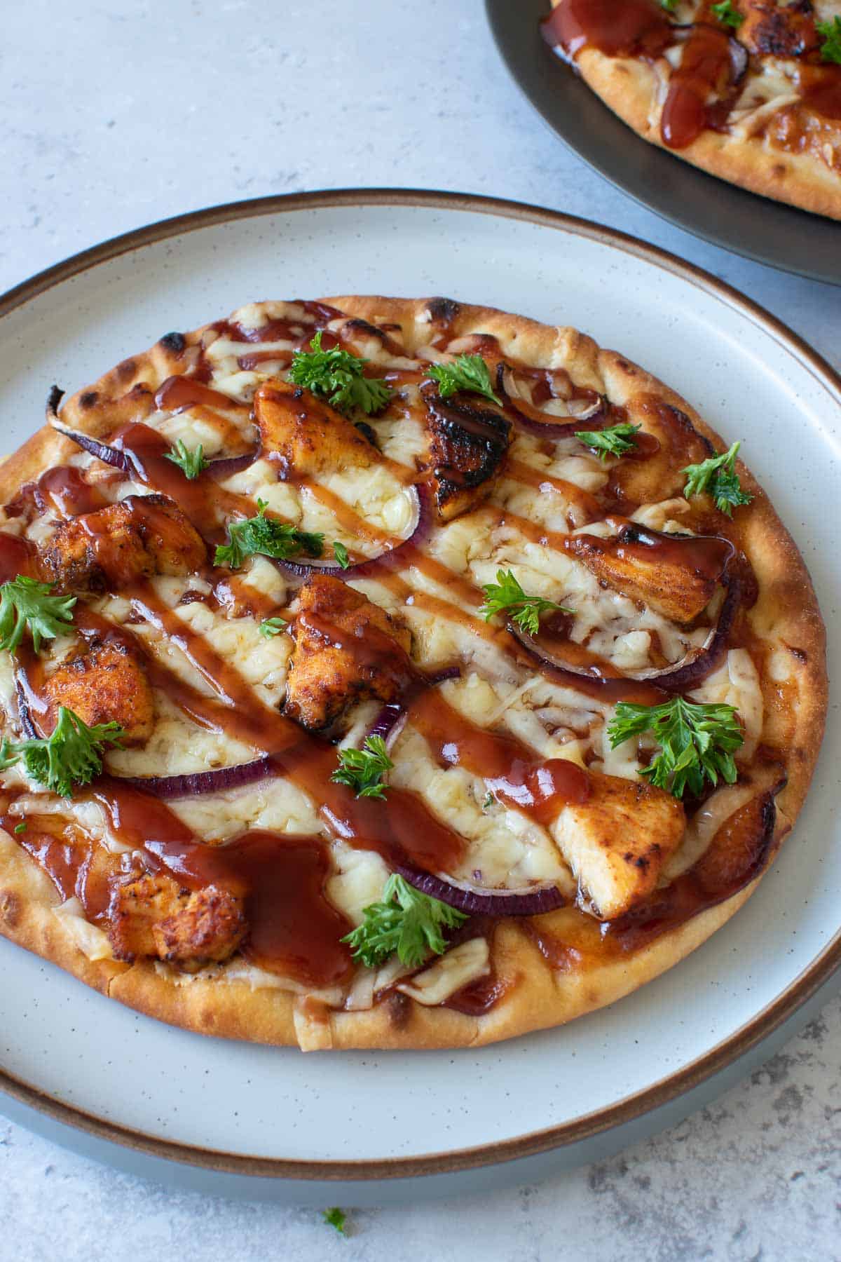 BBQ chicken flatbread pizza.