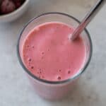 Close up of a berry kefir smoothie.