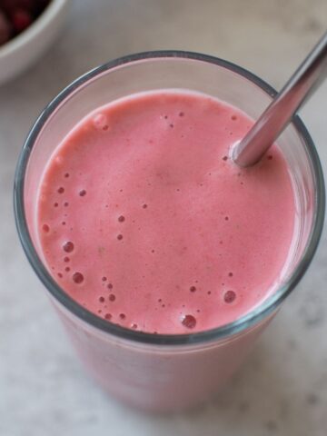 Close up of a berry kefir smoothie.