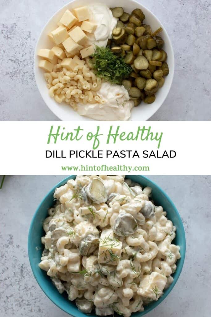 Bowl of pasta salad with pickles.