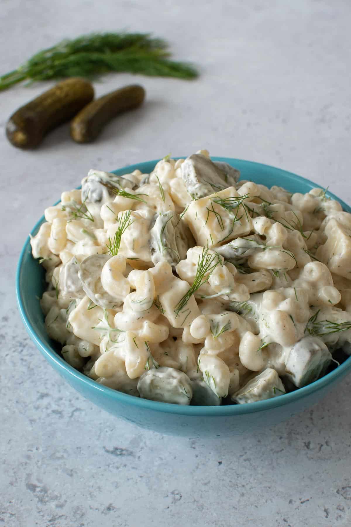 Dill pickle pasta salad in a bowl.