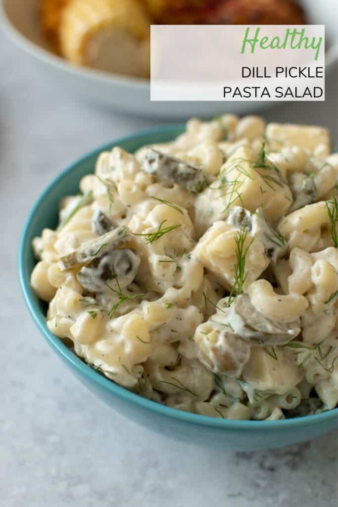 Close up of a bowl of creamy pickle pasta salad.