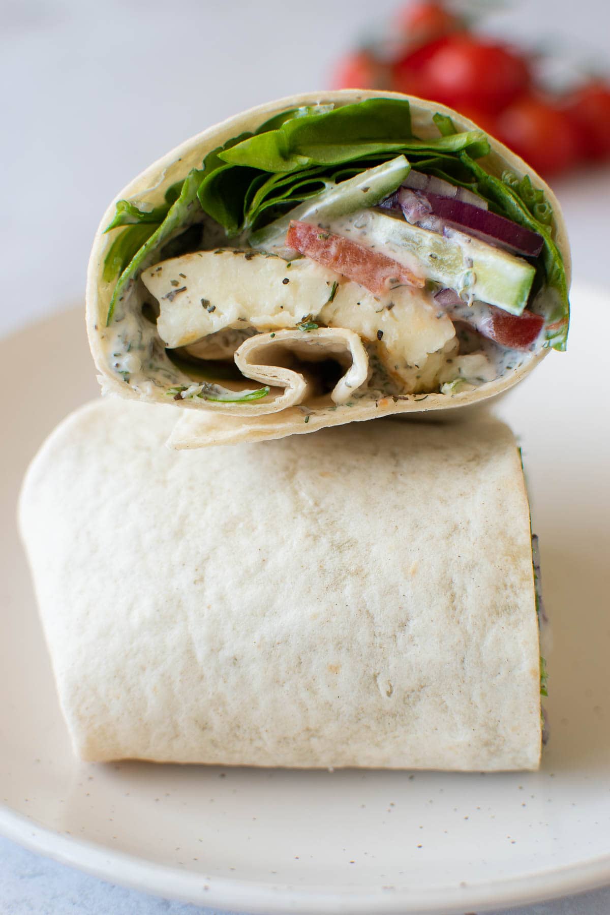 A halloumi and vegetable wrap.