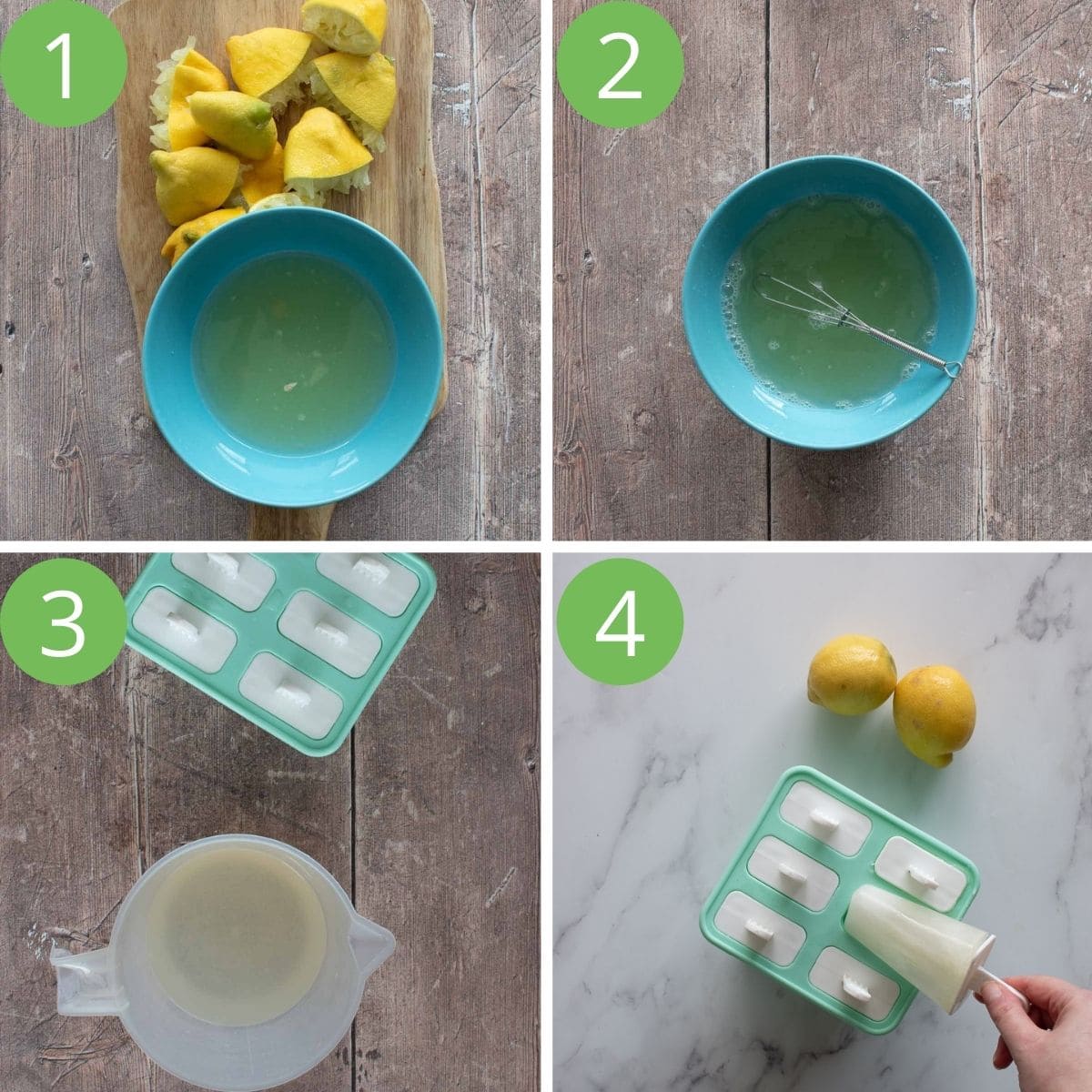Step by step images showing how to make lemonade popsicles.
