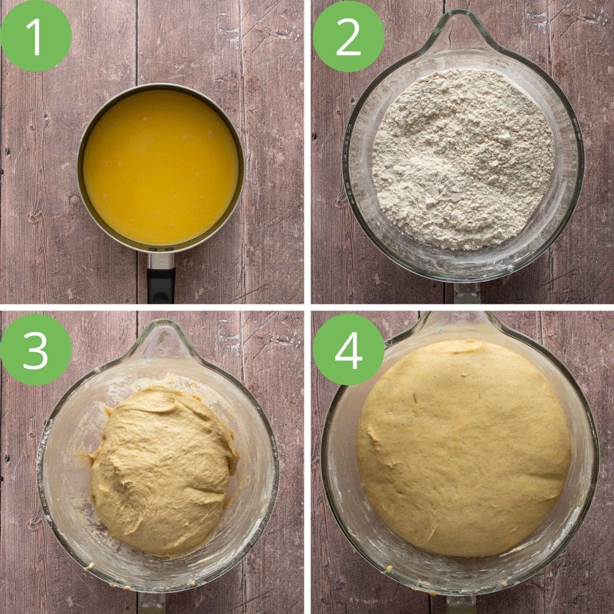 Step by step images showing how to make scandinavian saffron bun dough.