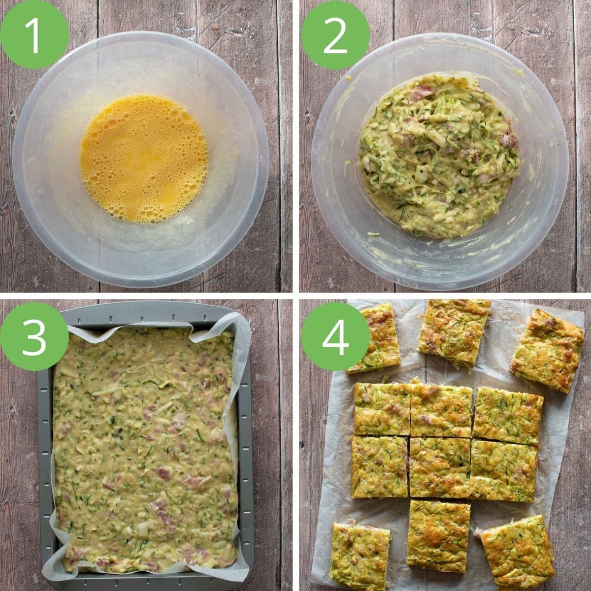 Step by step images showing how to make zucchini slices.