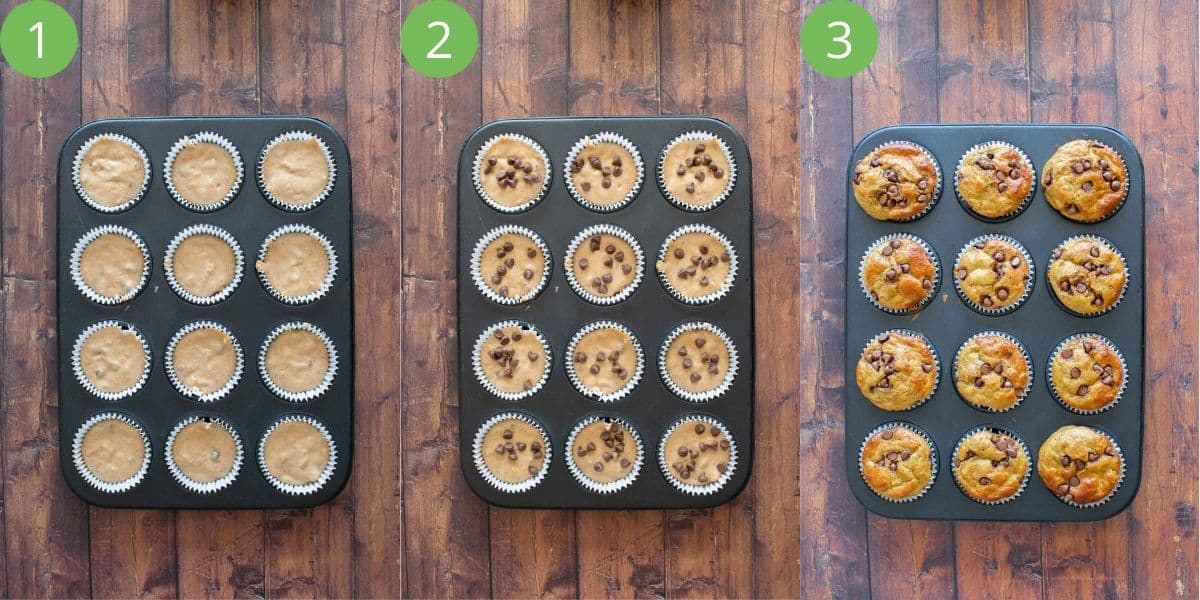 Step by step how to fill muffin liners.