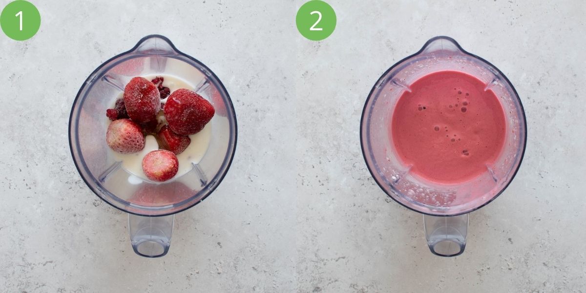 Step by step images showing how to make a berry kefir smoothie.