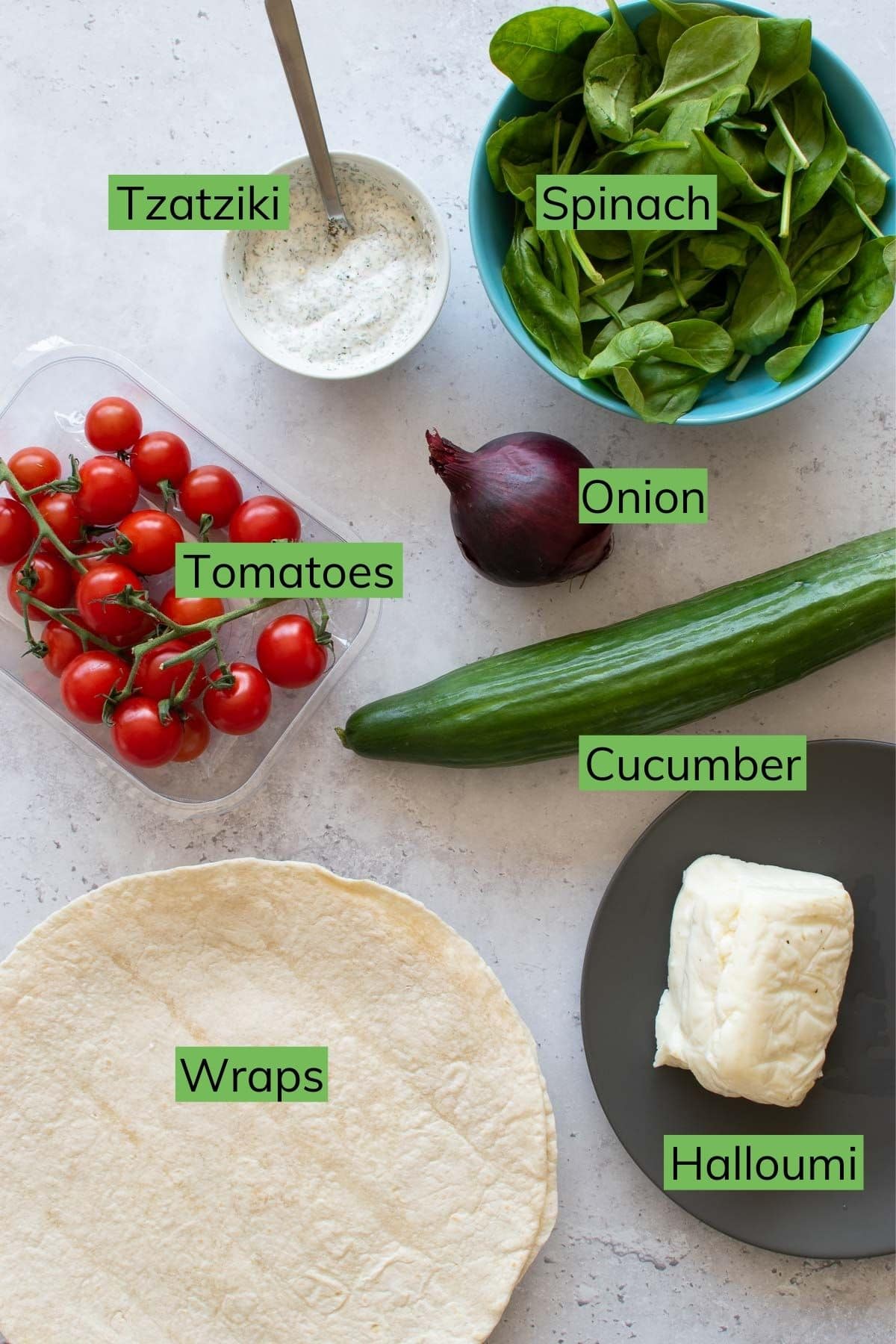 The ingredients needed to make halloumi wraps.