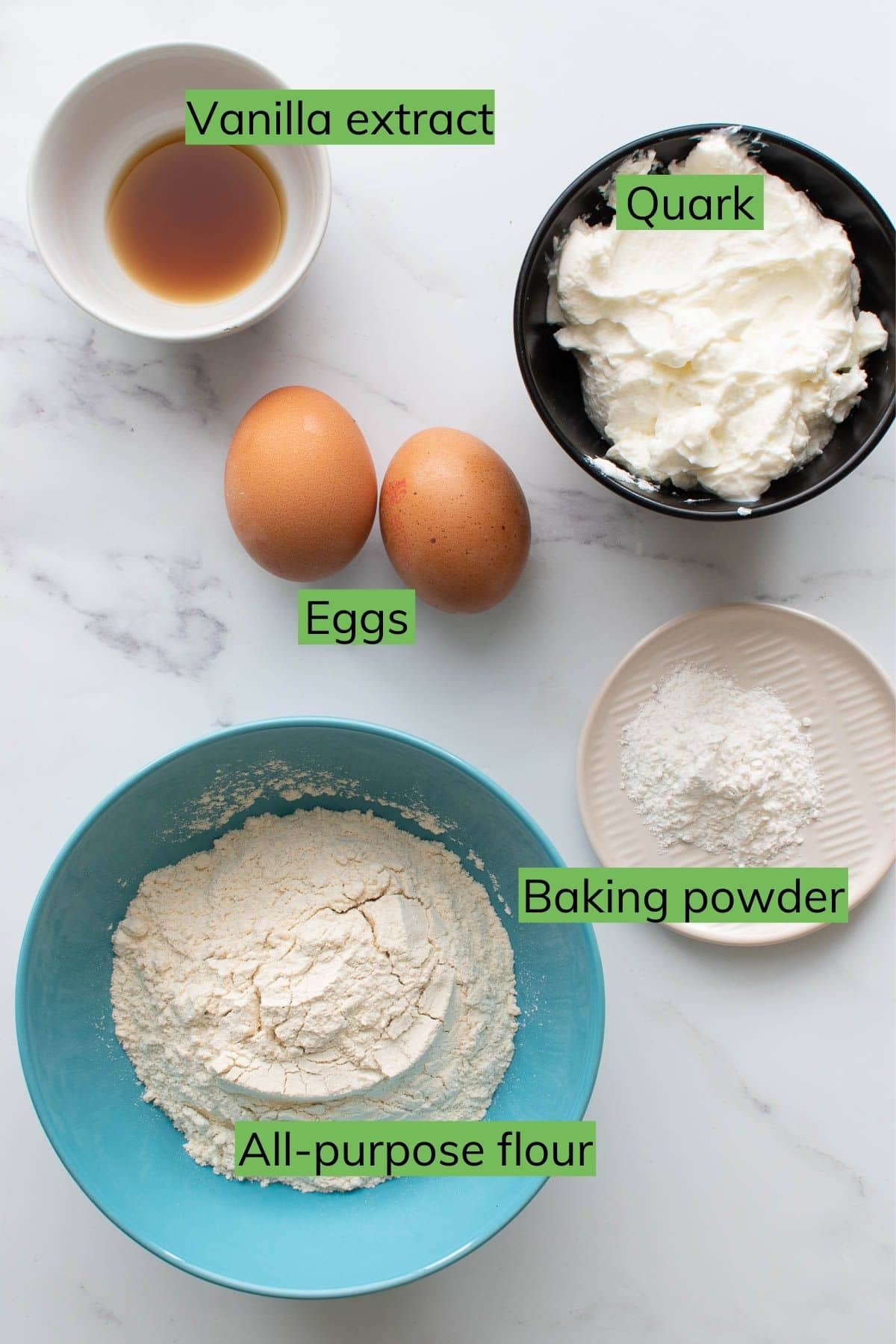 Ingredients needed to make quark pancakes.