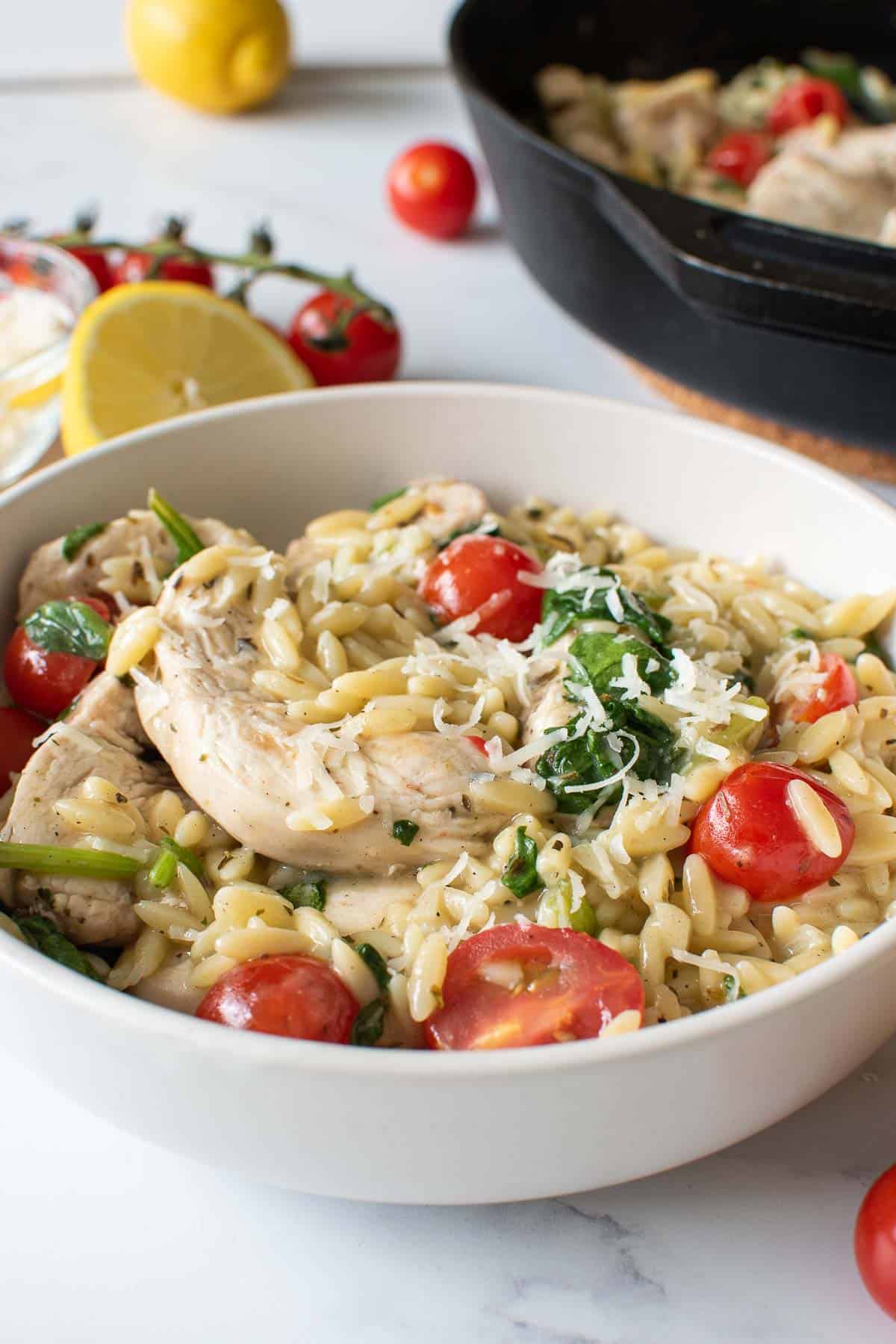 Close up of a bowl with chicken, orzo, spinach and tomatoes.