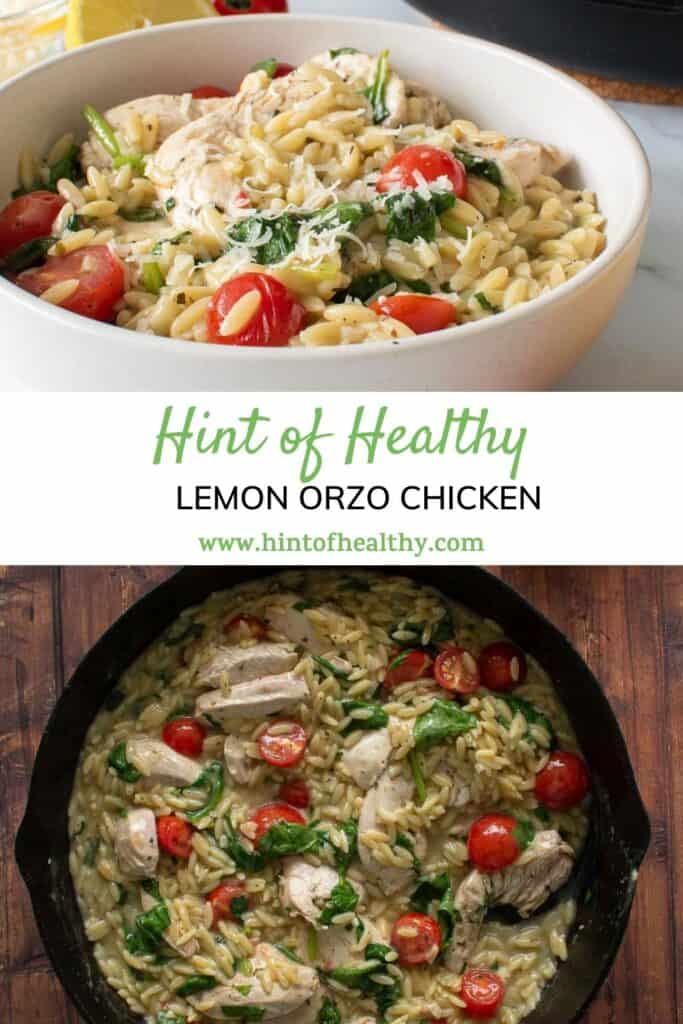 Lemon orzo chicken in a cast iron pan, and in a bowl.