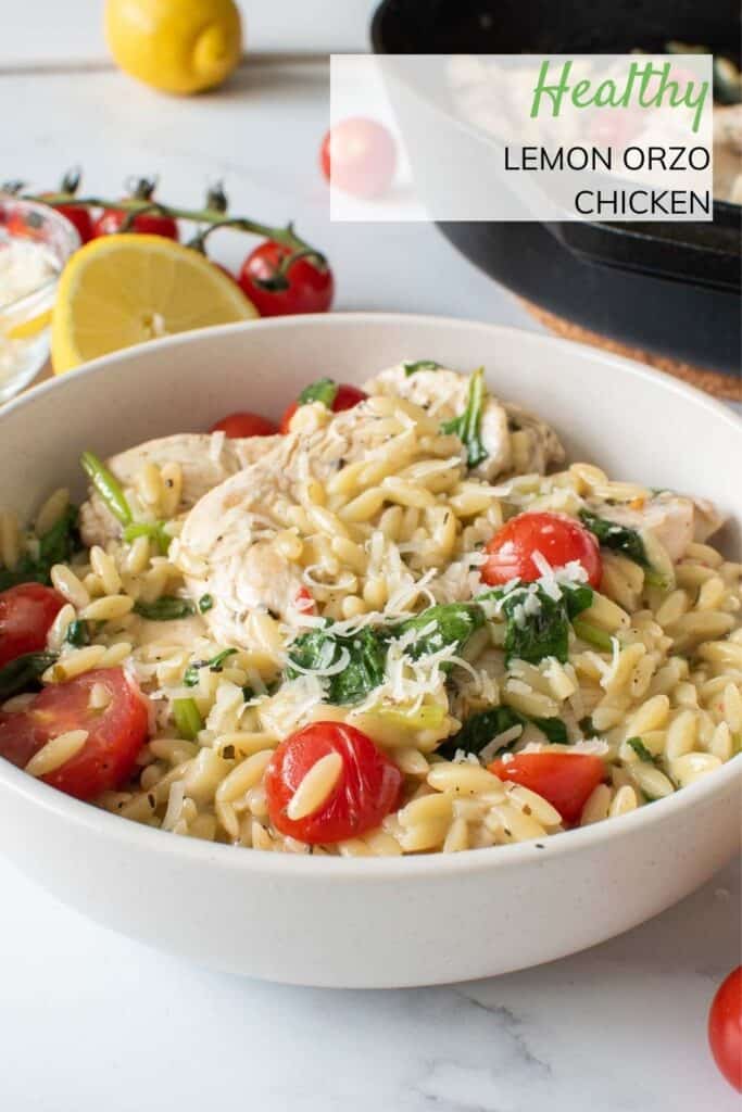 A bowl of lemon chicken with orzo.