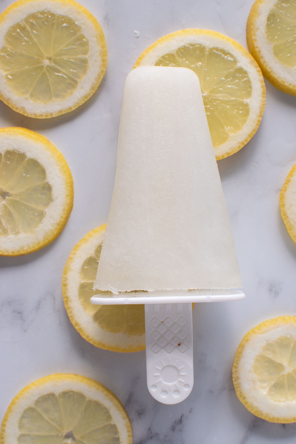 A lemon popsicle on lemon slices.