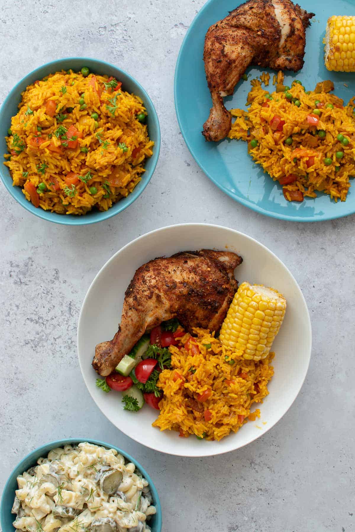 Homemade Nandos with spicy rice, peri peri chicken and corn on the cob.