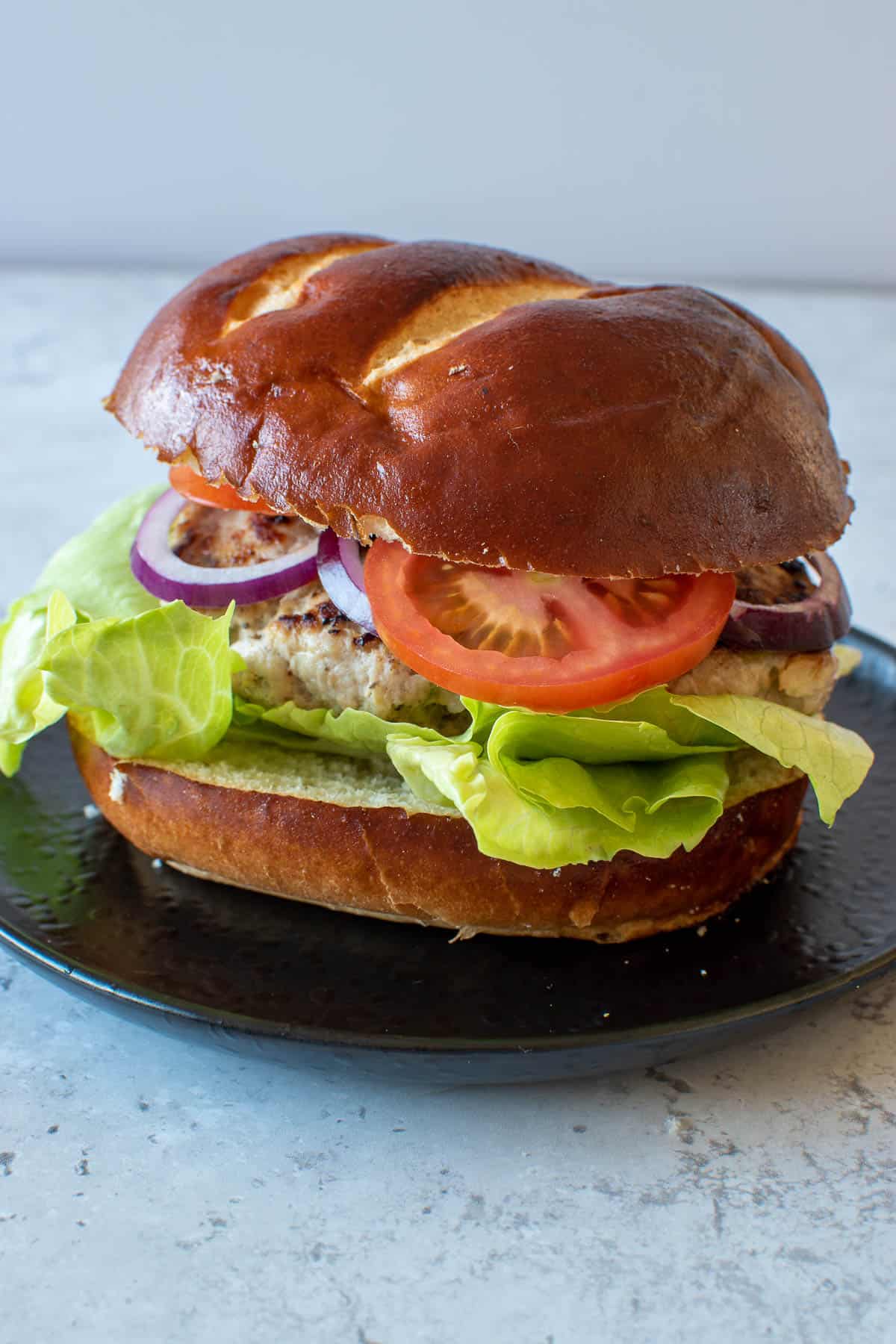 A pork apple burger with lettuce, tomato and onion.