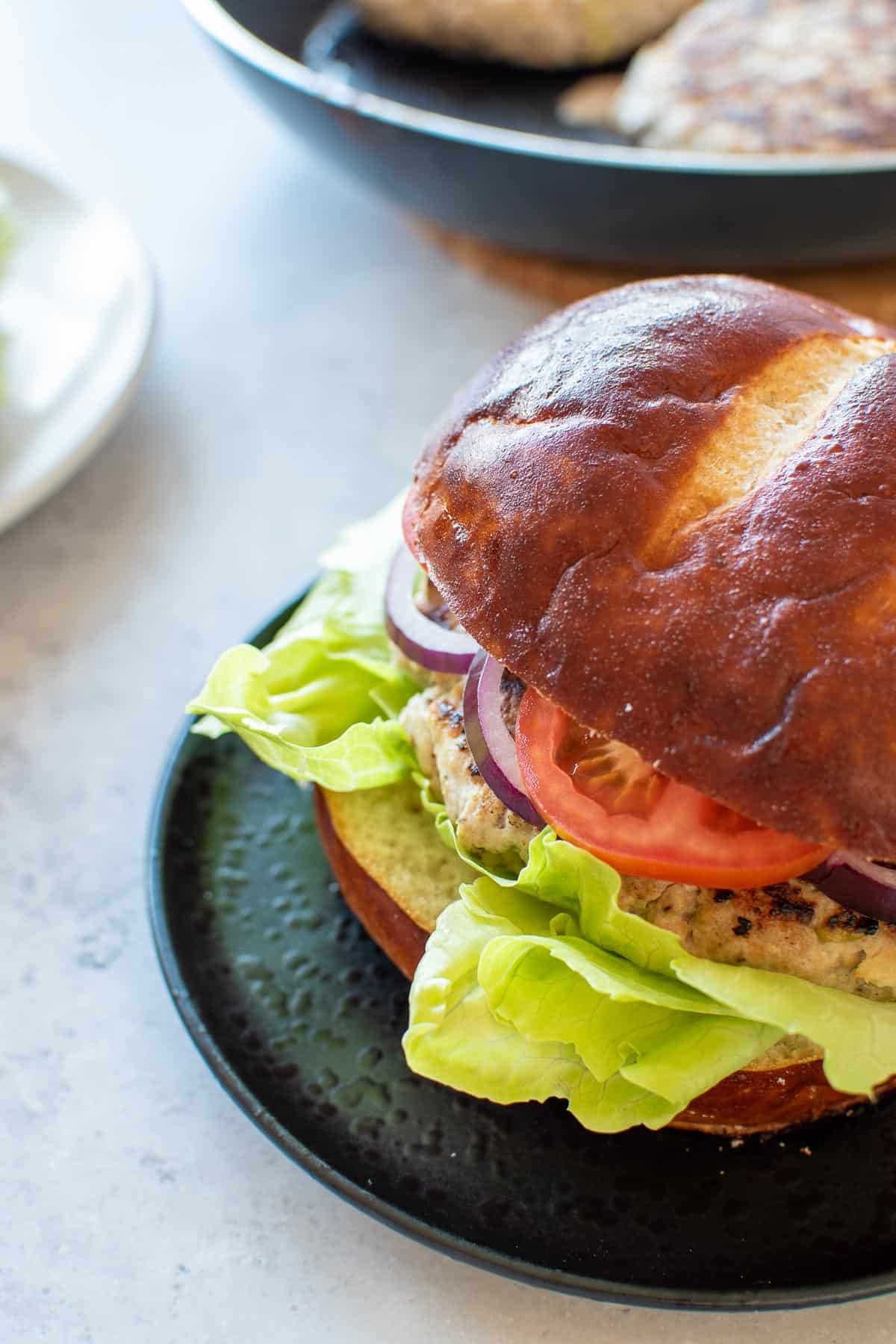 Close up of a burger.