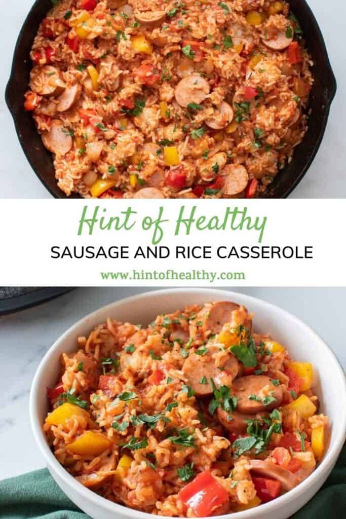 Two photos of the sausage rice casserole.